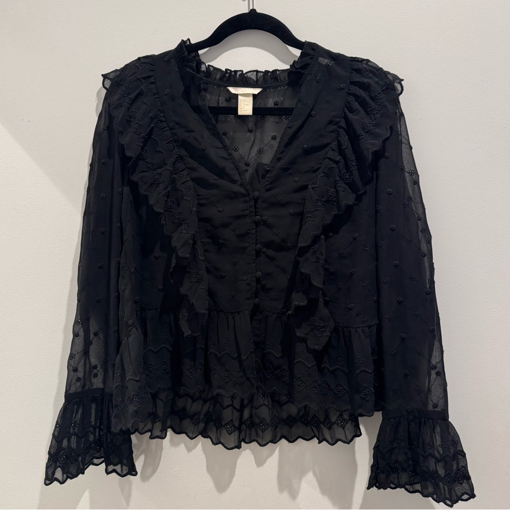 H&M Black Ruffle Sheer Button-Front Blouse